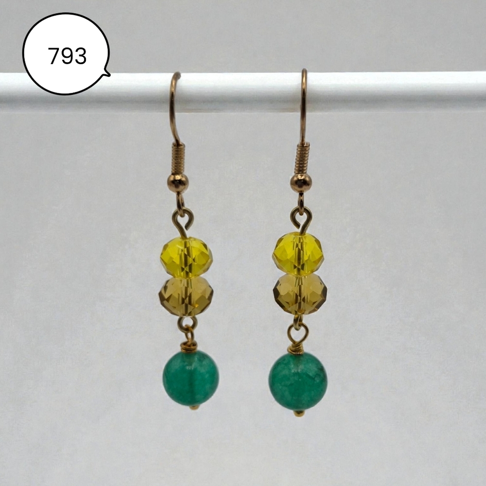 Green & Yellow Beaded Dangle Earrings – Faceted Crystal and Round Stone Beads